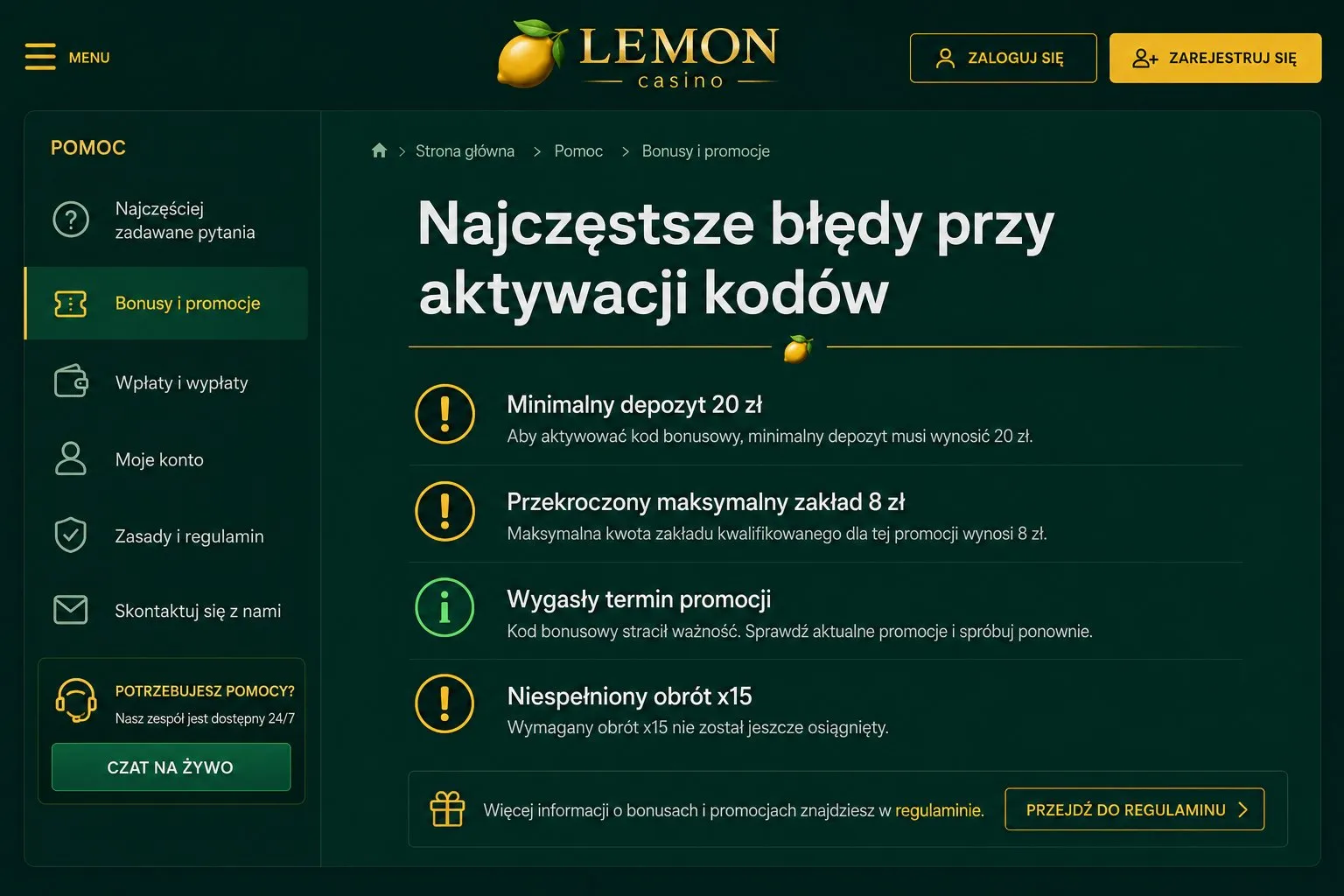 Lemon Casino kod promocyjny bez depozytu – najczęstsze błędy aktywacji